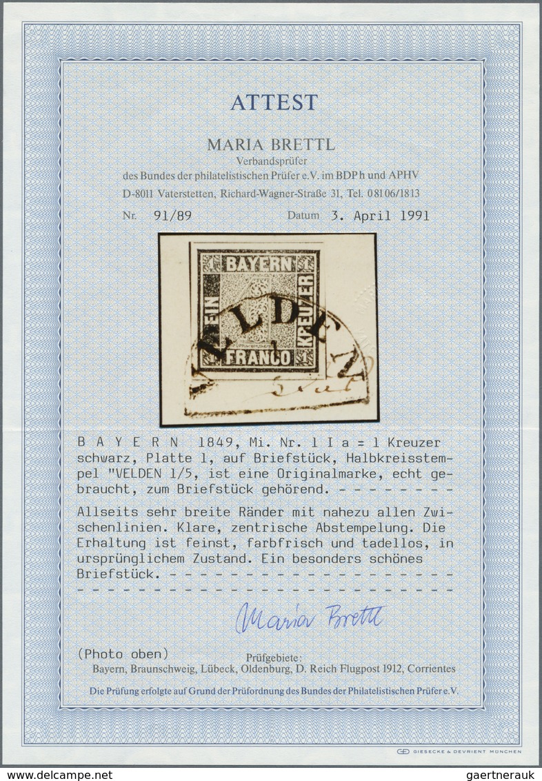Bayern - Marken Und Briefe: 1849, SCHWARZER EINSER 1 Kreuzer Grauschwarz, Platte 1, Briefstück Mit H - Sonstige & Ohne Zuordnung