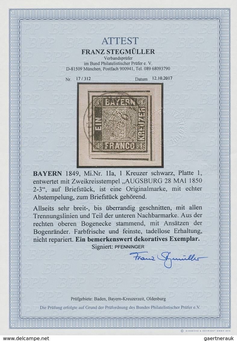 Bayern - Marken Und Briefe: 1849, 1 Kr. Schwarz, Allseits Breit- Bis überrandige Rechte Obere BOGENE - Sonstige & Ohne Zuordnung