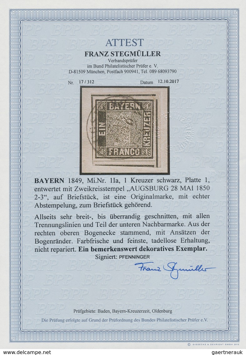 Bayern - Marken Und Briefe: 1849, 1 Kr. Schwarz, Allseits Breit- Bis überrandige Rechte Obere BOGENE - Other & Unclassified