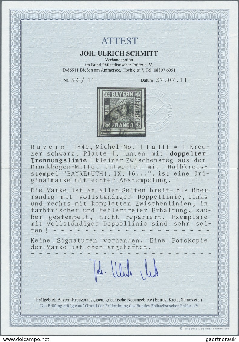 Bayern - Marken Und Briefe: 1849, SCHWARZER EINSER 1 Kreuzer Schwarz, Platte 1, Zwei Waagerechte TRE - Sonstige & Ohne Zuordnung
