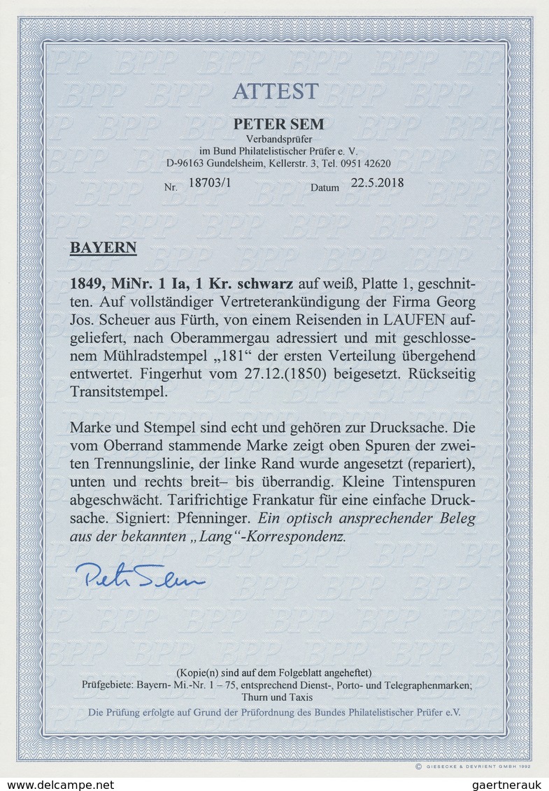 Bayern - Marken Und Briefe: 1849, SCHWARZER EINSER 1 Kreuzer Schwarz, Platte 1, Geschnitten, Oben Mi - Other & Unclassified