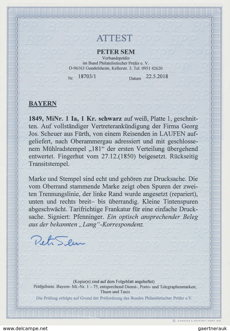 Bayern - Marken Und Briefe: 1849, SCHWARZER EINSER 1 Kreuzer Schwarz, Platte 1, Geschnitten, Oben Mi - Sonstige & Ohne Zuordnung