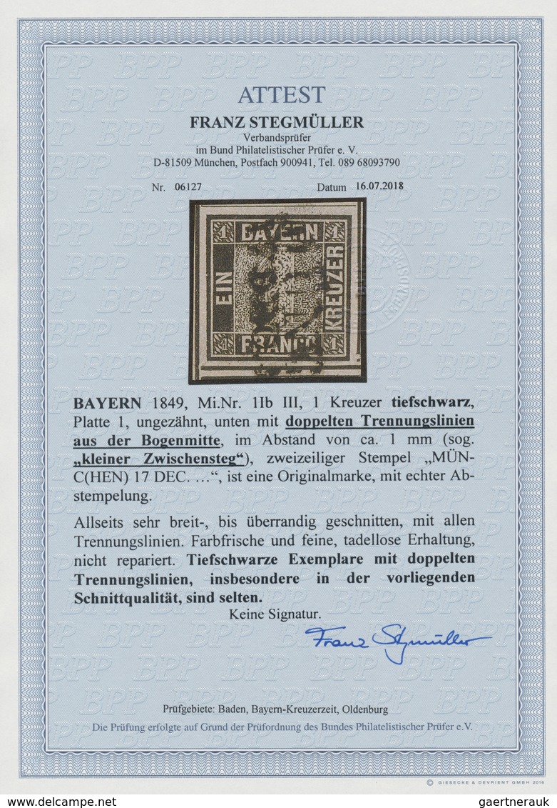 Bayern - Marken Und Briefe: 1849, SCHWARZER EINSER 1 Kreuzer Tiefschwarz, Platte 1 Zwei Waagerechte - Autres & Non Classés