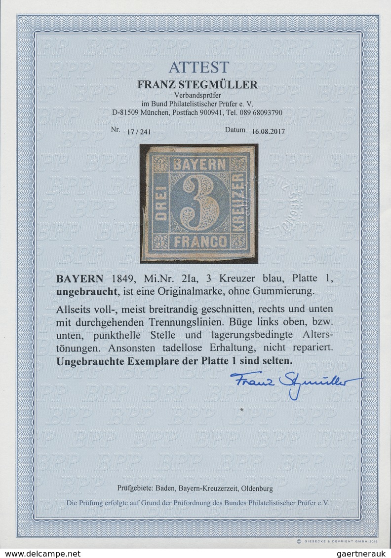 Bayern - Marken Und Briefe: 1849, 3 Kreuzer Blau Platte I Ungebraucht Ohne Gummi, Die Marke Ist Voll - Other & Unclassified