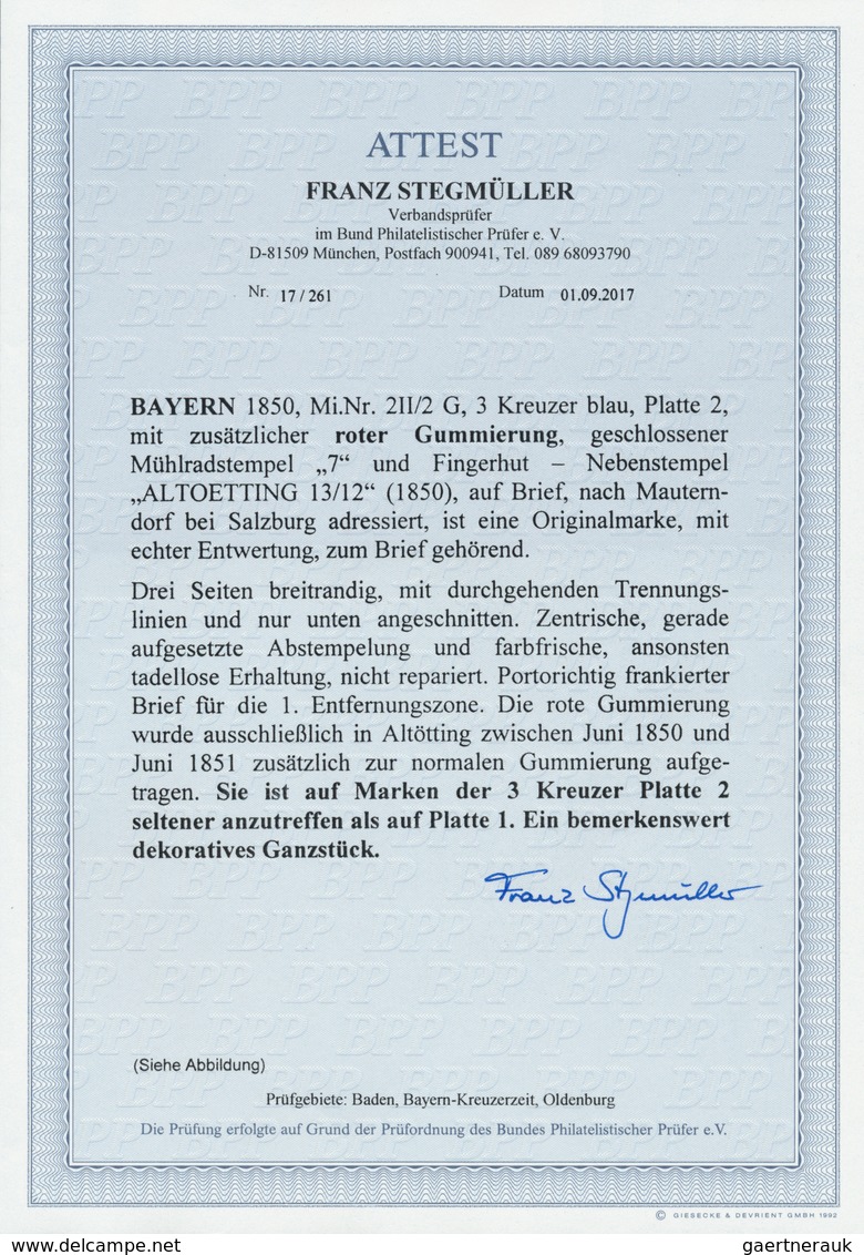 Bayern - Marken Und Briefe: 1850: 3 Kr. Blau Mit Zusätzlicher Roter Gummierung, Farbfrisch Und Dreis - Autres & Non Classés