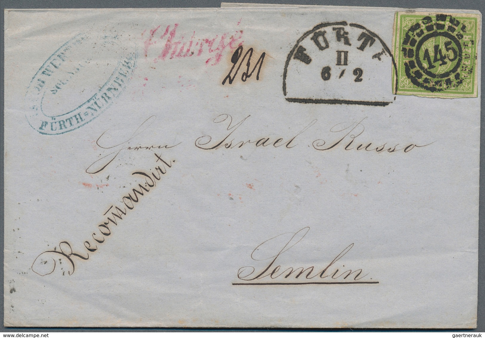 Bayern - Marken Und Briefe: 1862, 9 Kreuzer Grün Mit Ideal Zentrisch Klarem OMR "145" Und HKr "FÜRTH - Other & Unclassified