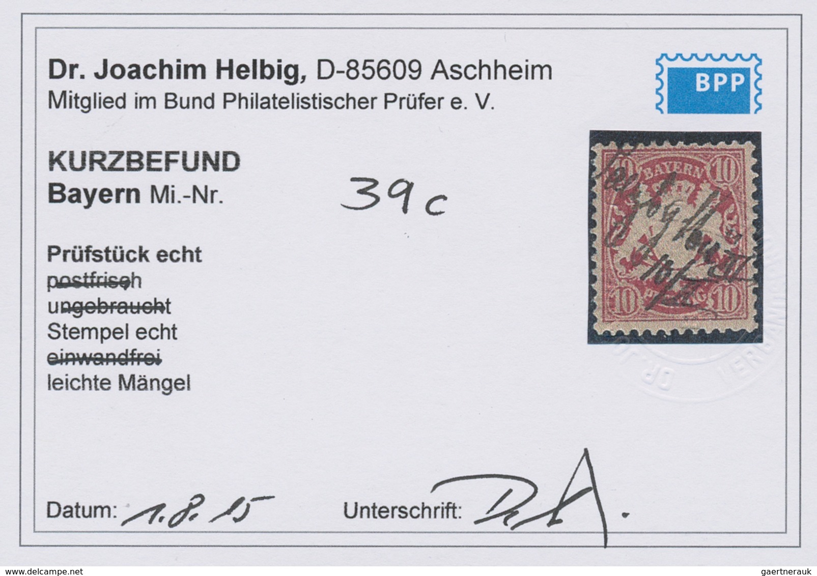 Bayern - Marken Und Briefe: 1876, 10 Pf Wappen Weinrot Mit Handschriftlicher Entwertung SALZBERG/Ber - Autres & Non Classés