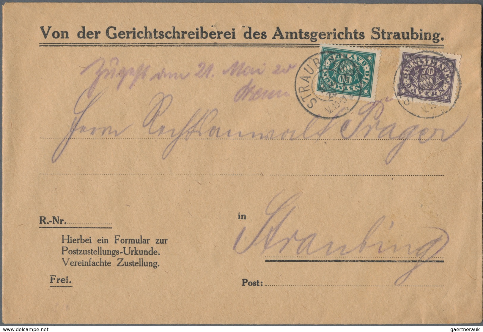 Bayern - Dienstmarken: 1920, 70 Pfg. Und 60 Pfg. Abschiedsausgabe Als Portogerechte Frankatur Auf Or - Autres & Non Classés