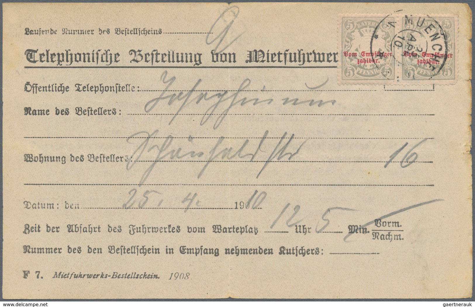 Bayern - Portomarken: 1888, Formular Zur "Telephonischen Bestellung Von Mietfuhrwerken" Mit 2x 5 Pfg - Autres & Non Classés