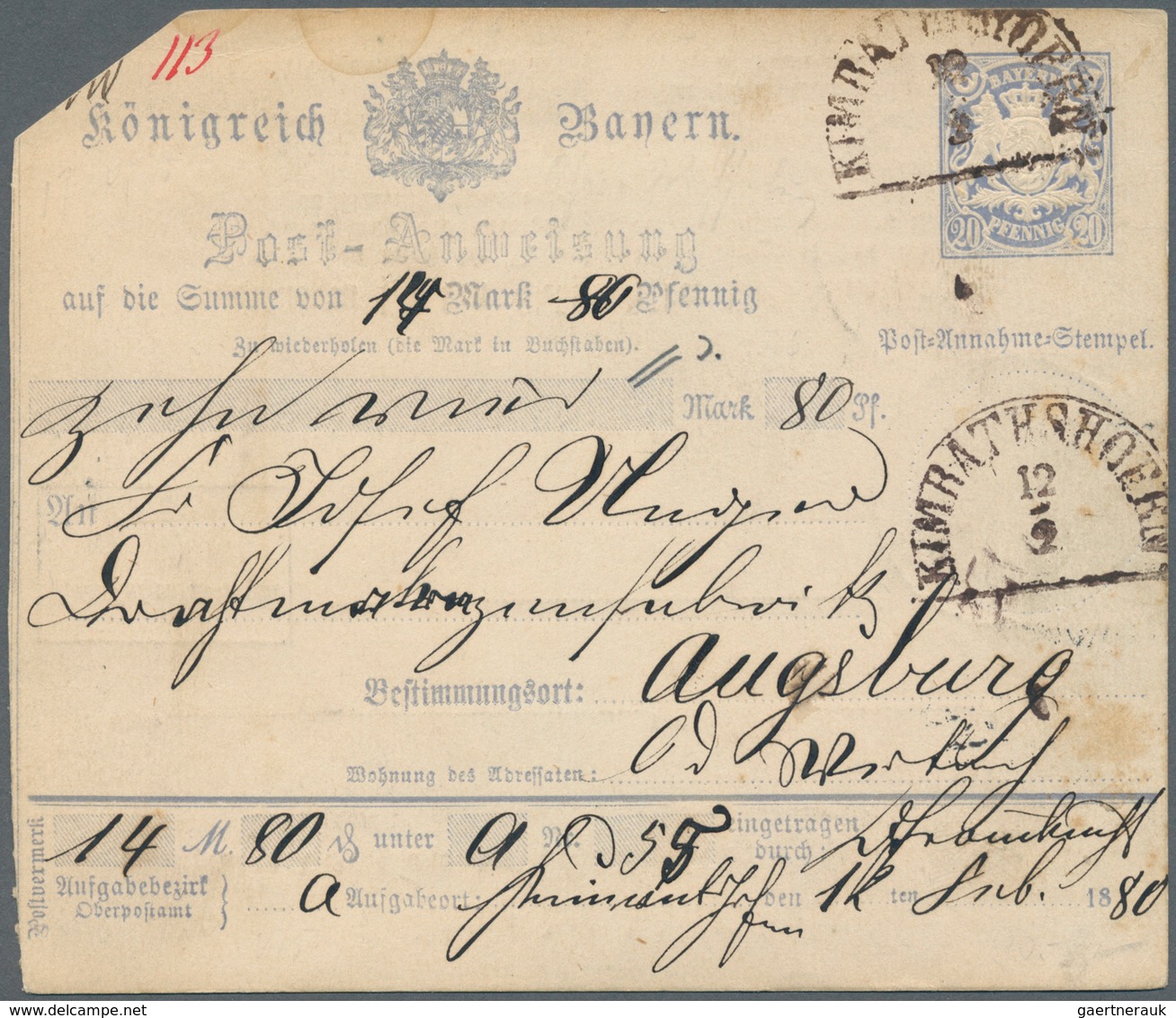 Bayern - Ganzsachen: 1879, Postanweisung 20 Pf. Blau, Unten Vier Gestr. Felder, Rückseite "18...", B - Other & Unclassified