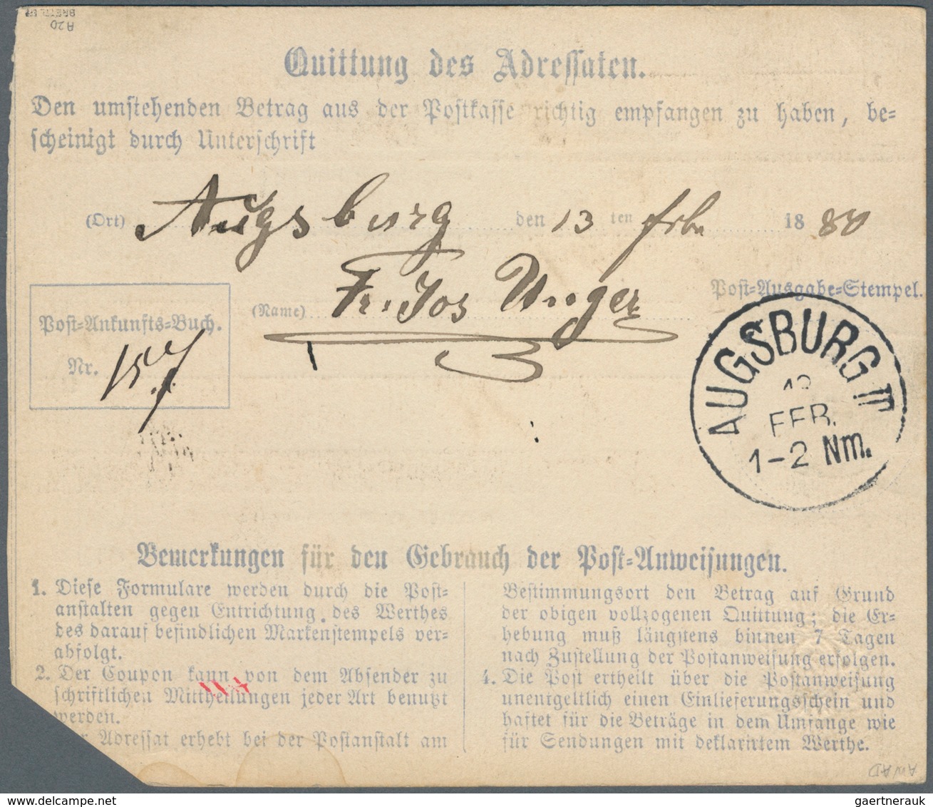 Bayern - Ganzsachen: 1879, Postanweisung 20 Pf. Blau, Unten Vier Gestr. Felder, Rückseite "18...", B - Other & Unclassified