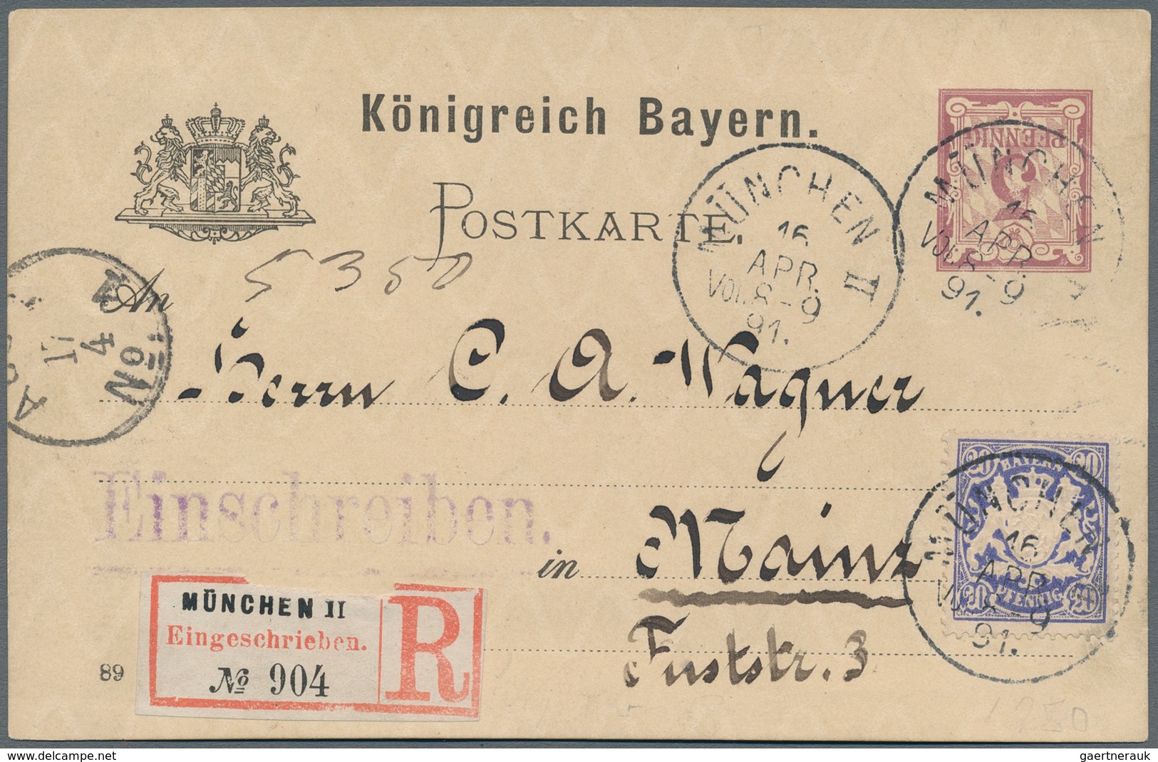 Bayern - Ganzsachen: 1891, 3 Pfg. Ganzsachenkarte Mit Kopfstehendem Wertstempel Mit Zusätzlichen 20 - Autres & Non Classés