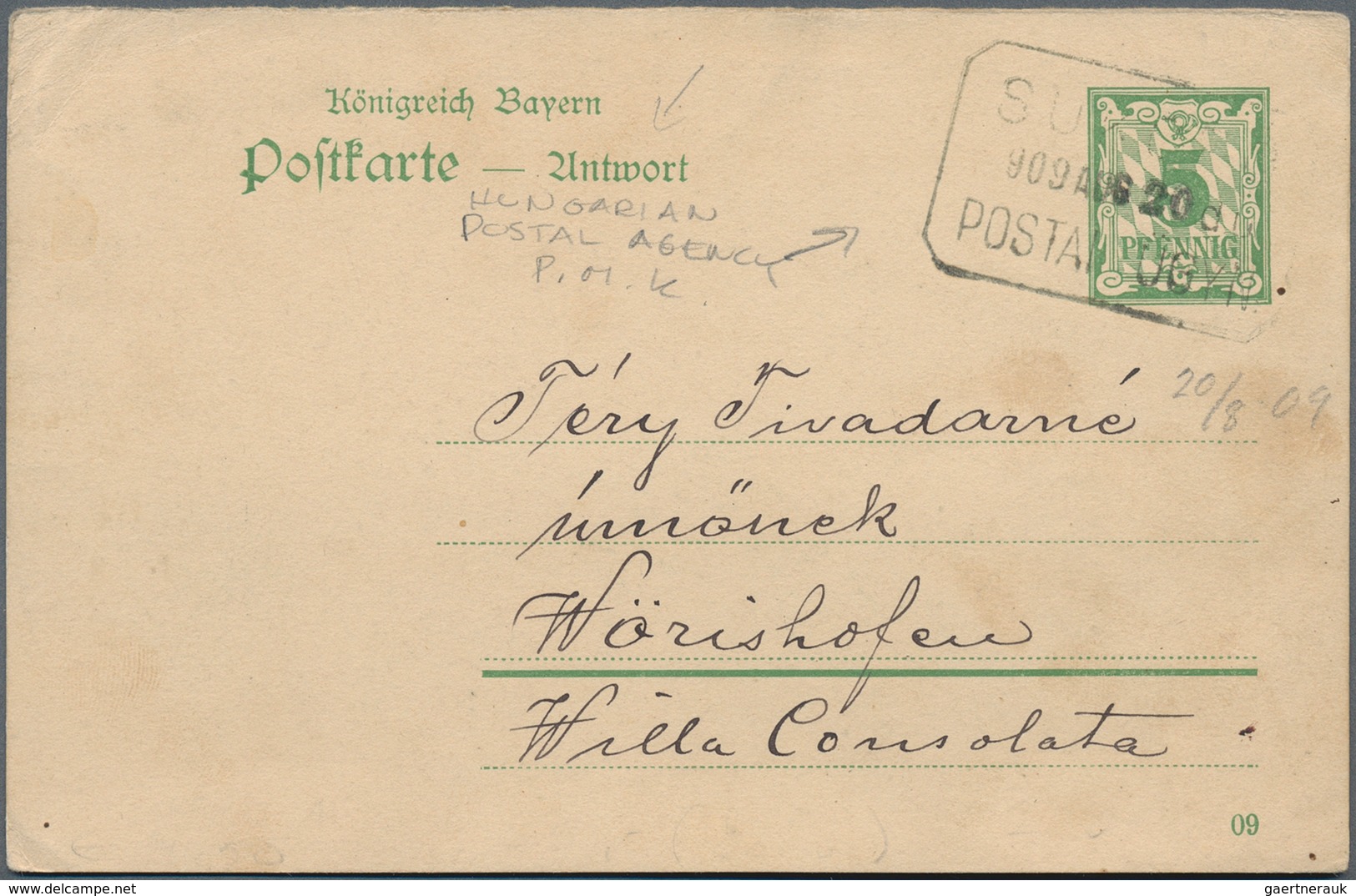 Bayern - Ganzsachen: 1909, 5 Pf. Grün Ganzsachen-ANTWORT-Karte Mit FREMDENTWERTUNG Durch Ungarischen - Autres & Non Classés