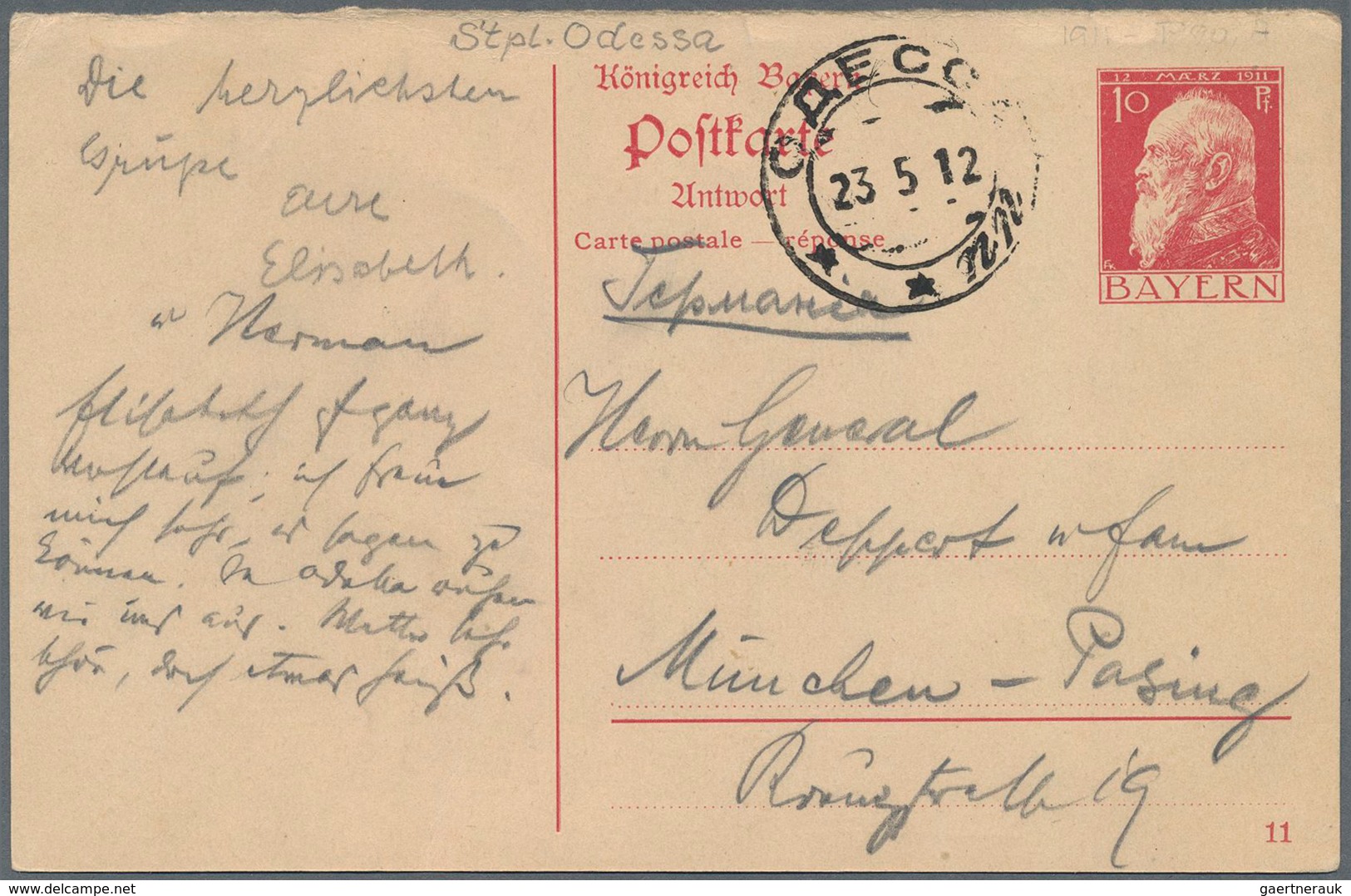 Bayern - Ganzsachen: 1912 Antwortteil Einer Doppelkarte Von Odessa Russland Nach München Mit Viel Te - Sonstige & Ohne Zuordnung