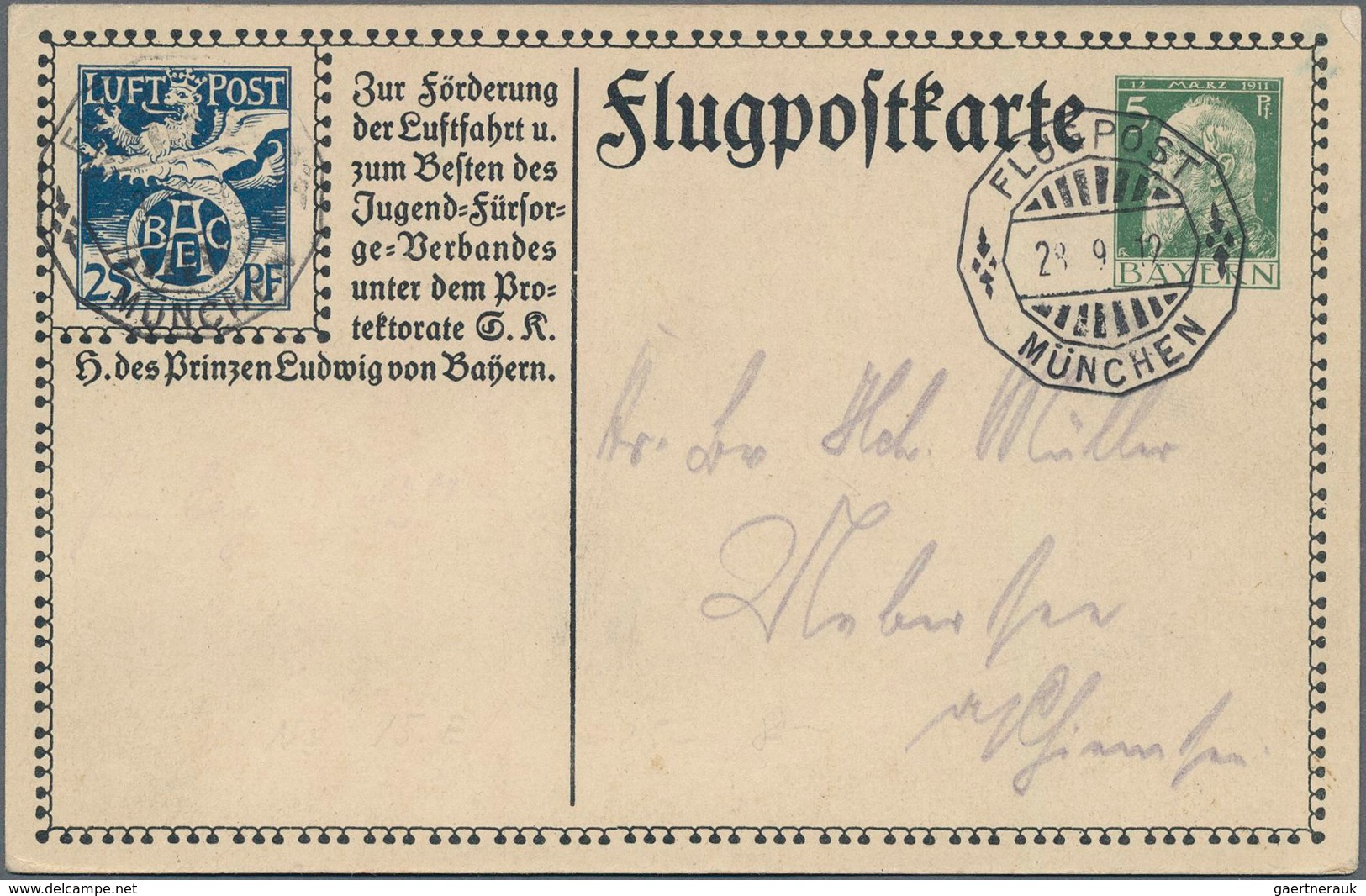 Bayern - Ganzsachen: 1912, 5 Pf Grün Flugpostkarte Mit Alpenkette, Sauber Gestempelt München Und Des - Other & Unclassified