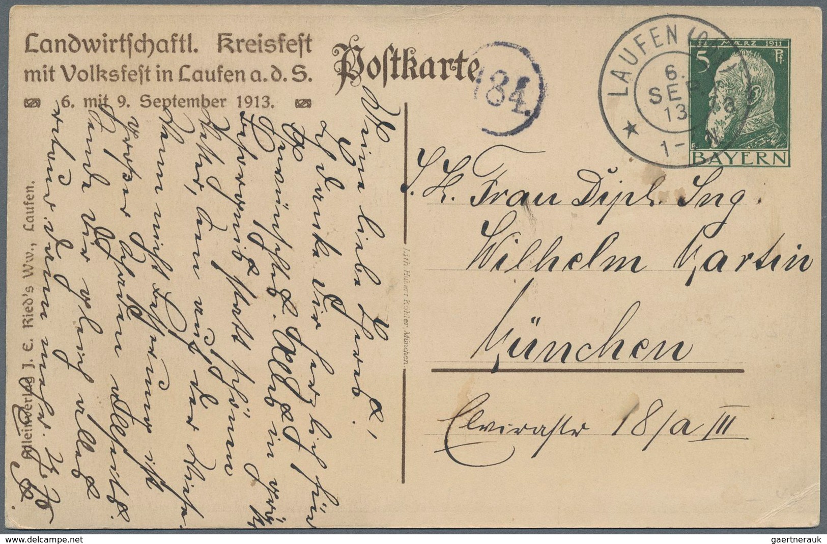 Bayern - Ganzsachen: 1913. Privat-Postkarte 5 Pf Luitpold "Laufen A.d.S. - Landwirtschaftl. Kreisfes - Sonstige & Ohne Zuordnung