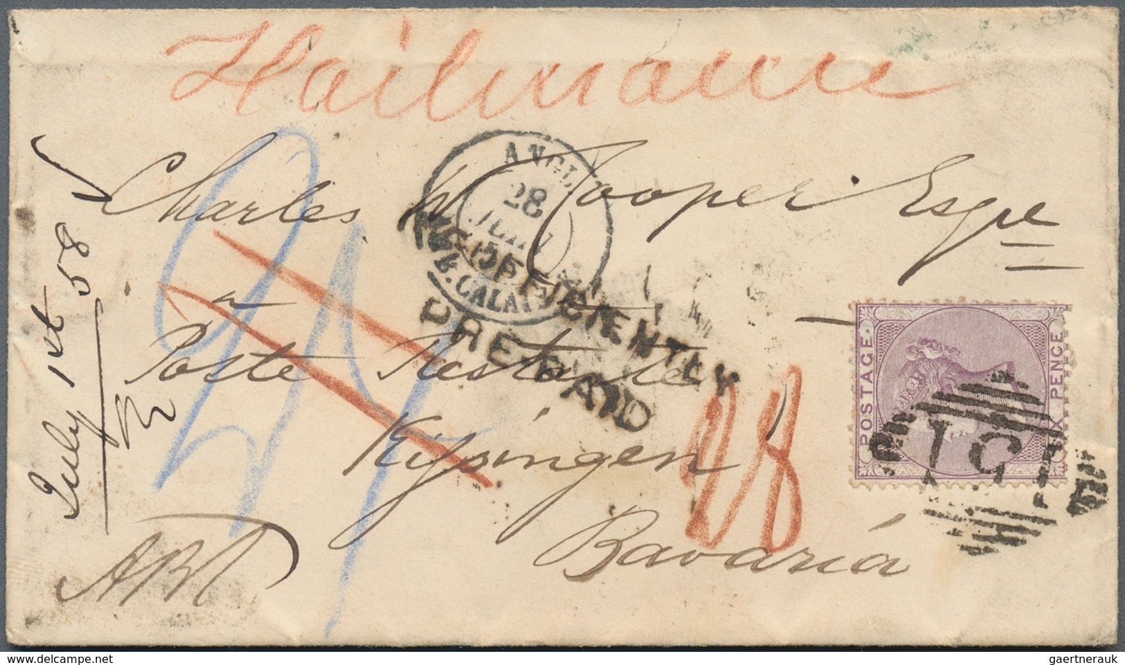 Bayern - Besonderheiten: 1858, "incoming Mail" Aus IRLAND Frankiert Mit GB Six Pence Violett Auf Kle - Autres & Non Classés