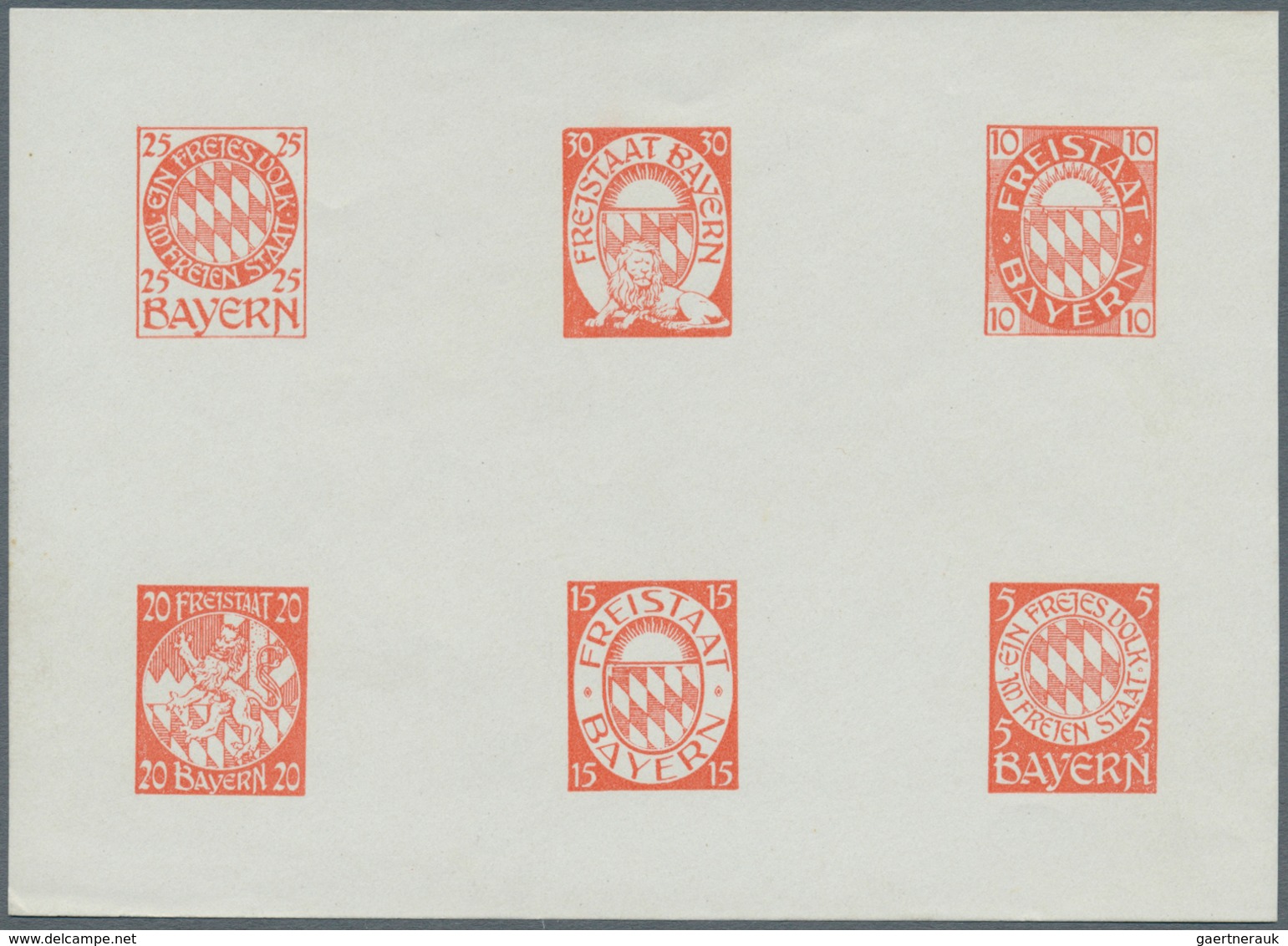 Bayern - Besonderheiten: 1910/1920, 6 Essay-Blöcke mit je 6 Marken in verschiedenen Farben, 1 Block