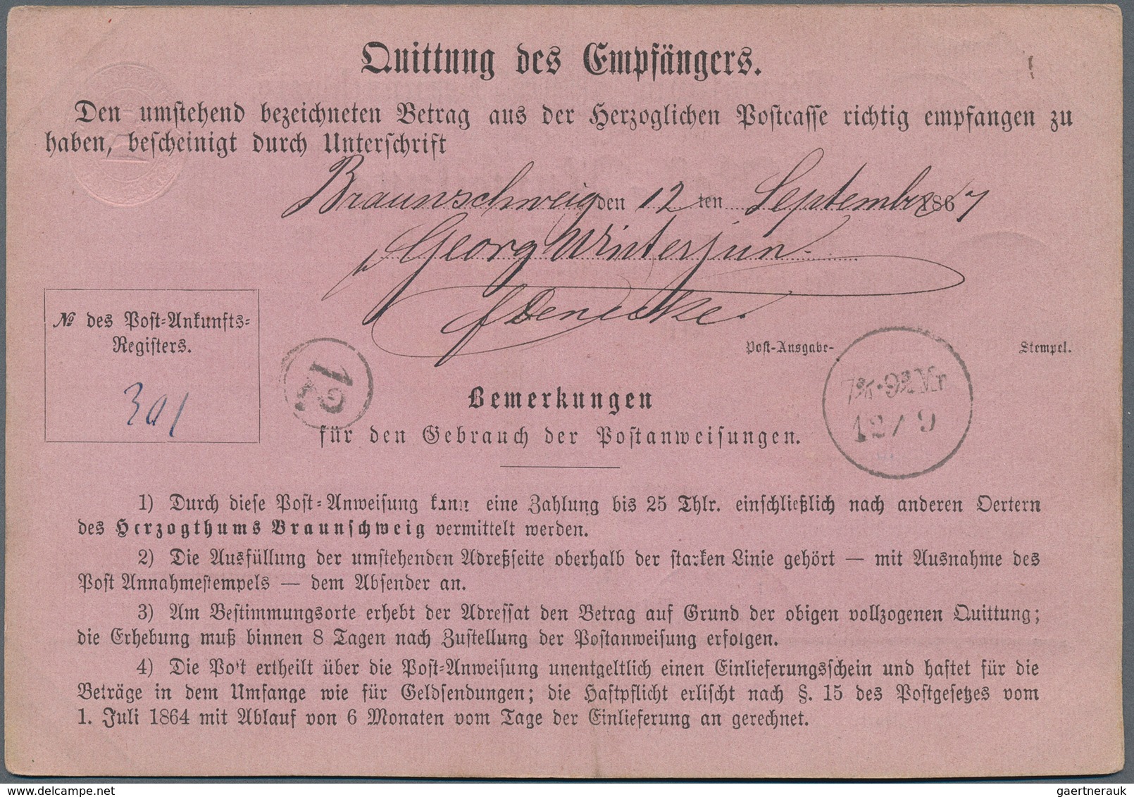 Braunschweig - Marken Und Briefe: 1865, 1 Gr. Wappen (unten Scherentrennung) Mit Schwarzem DKr. "HOL - Brunswick