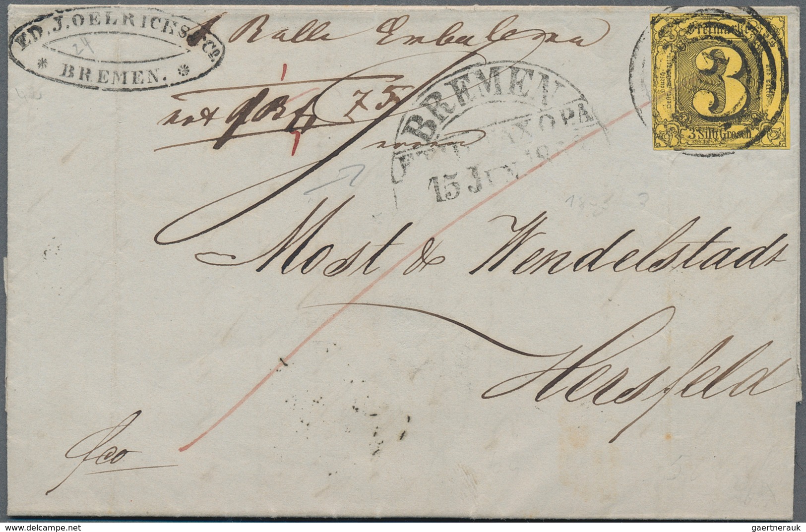 Bremen - Stempel: 1853, Vorphila-Segmentstempel "BREMEN F.TH.u.TAX.O P.A." Und Taxis-Nummernstempel - Brême