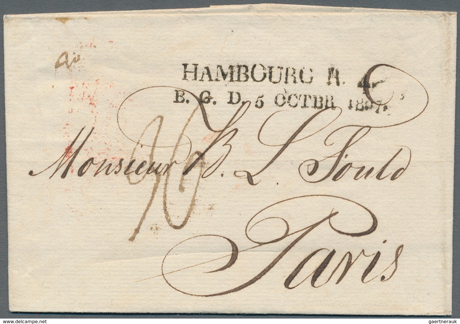 Hamburg - Französisches Postamt: "HAMBOURG R. 4. B. G. D. + Daten Juni bis November 1807" französisc