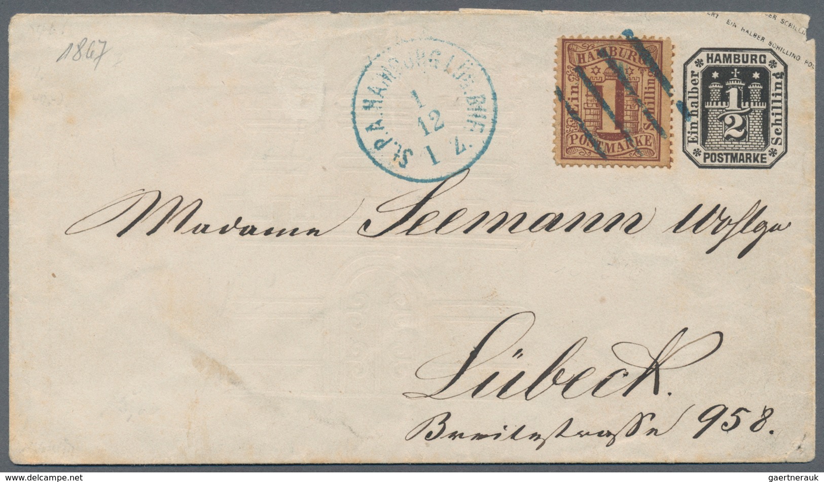 Hamburg - Stadtpostamt: "ST.P.A. HAMBURG LÜB. BHF. 1 12 (1867) I.Z." Sehr Seltener Blauer K1 Auf GA- - Other & Unclassified