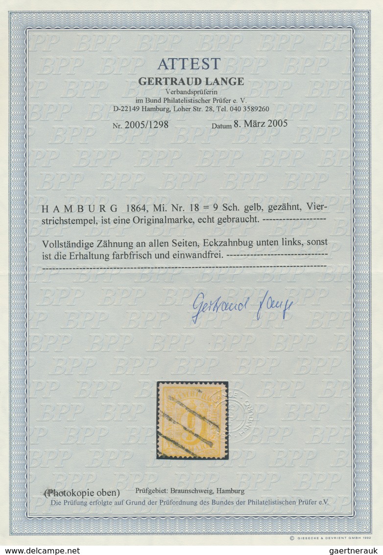 Hamburg - Marken Und Briefe: 1864, Wappen 9 Schilling Gelb Gezähnt Mit Sauberem Zentrischen 4-Strich - Hamburg