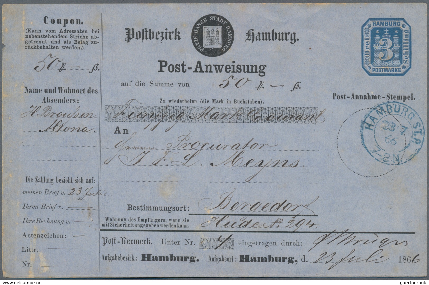 Hamburg - Ganzsachen: 1866, Post-Anweisung 3 Schilling Dunkelultramarin, Vollständiges Formular Saub - Hamburg