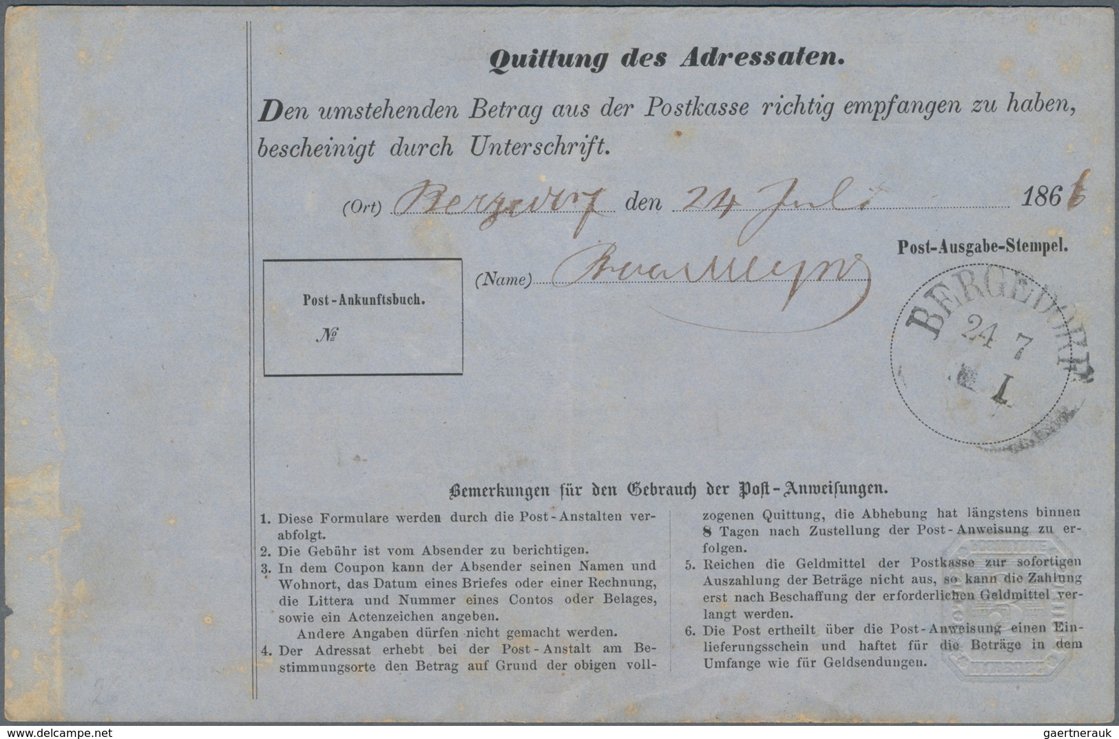 Hamburg - Ganzsachen: 1866, Post-Anweisung 3 Schilling Dunkelultramarin, Vollständiges Formular Saub - Hambourg