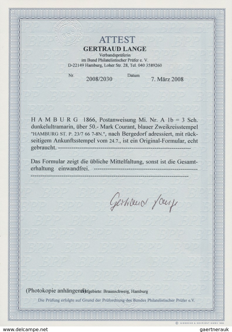 Hamburg - Ganzsachen: 1866, Post-Anweisung 3 Schilling Dunkelultramarin, Vollständiges Formular Saub - Hambourg
