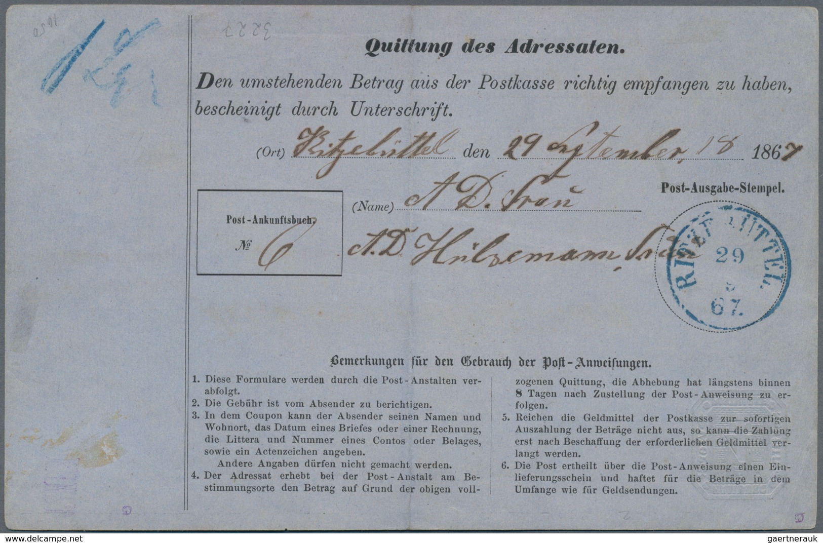 Hamburg - Ganzsachen: 1866, Post-Anweisung 4 Schilling Grün, Vollständiges Formular Sauber Gebraucht - Hambourg