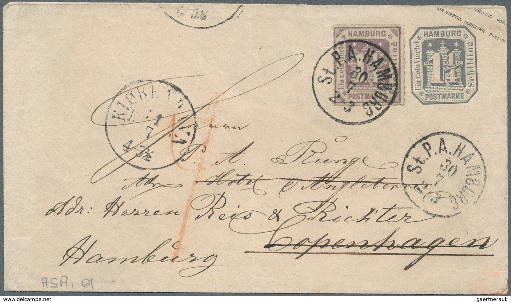 Hamburg - Ganzsachen: 1866, GA-Umschlag 1¼ S Bläulichviolett Mit Zusatzfrankatur Achteck-Wappen 1¼ S - Hambourg
