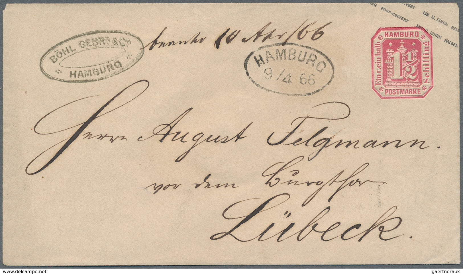 Hamburg - Ganzsachen: 1866, GA-Umschlag 1½ S Karmin Ohne Wasserzeichen Sauber Gebraucht Mit Ovalem K - Hamburg