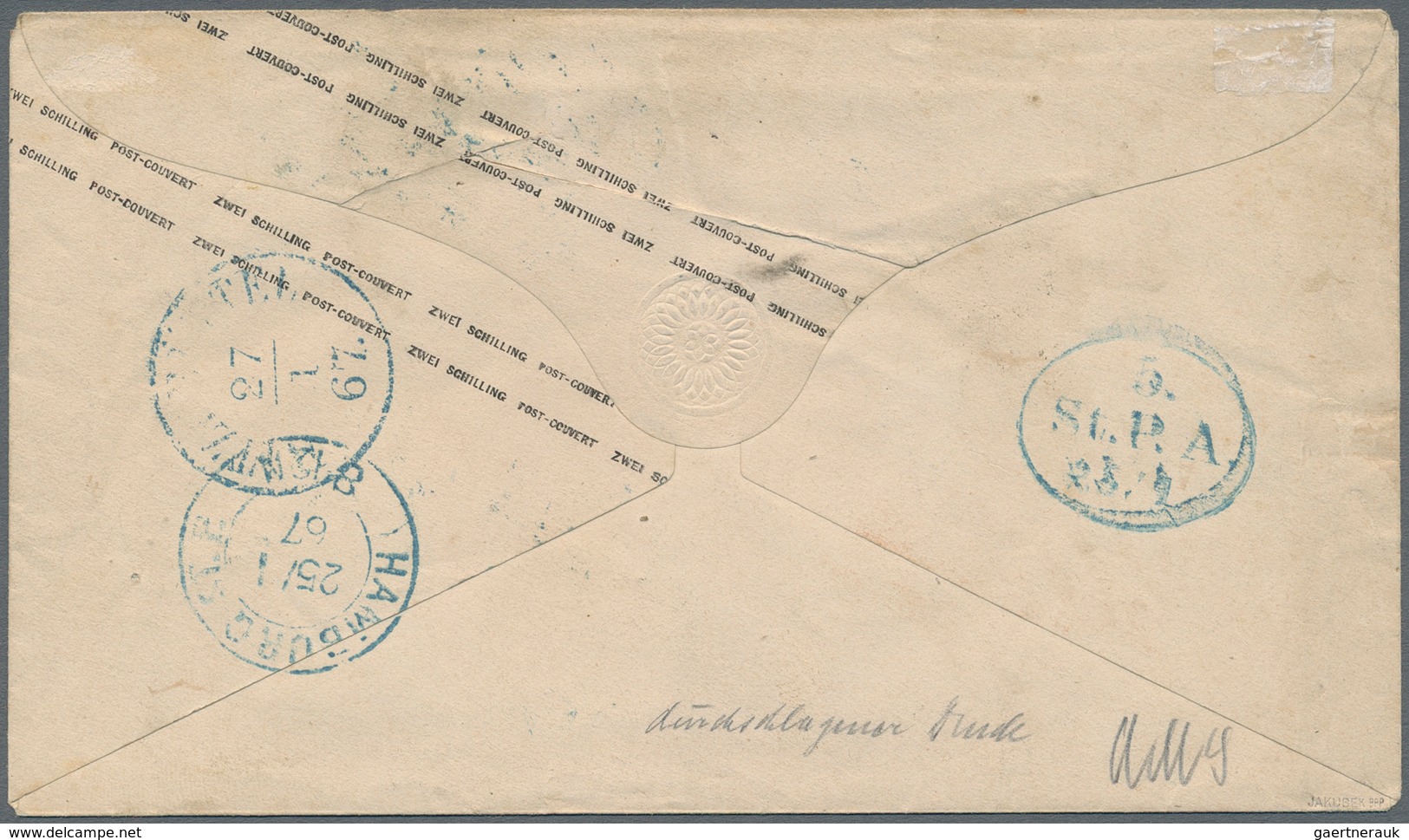Hamburg - Ganzsachen: 1866, GA-Umschlag 2 S Rotorange Ohne Wasserzeichen Sauber Gebraucht Mit Blauem - Hambourg