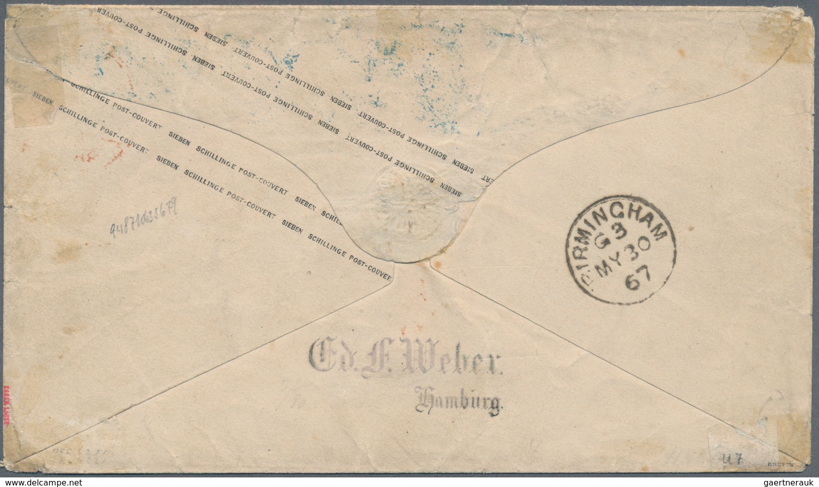 Hamburg - Ganzsachen: 1867, Octagon-GA-Umschlag 7 Schilling Braunviolett Sauber Gebraucht Mit Blauem - Hambourg