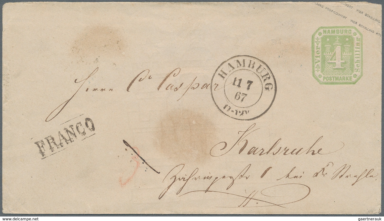 Hamburg - Ganzsachen: 1867, GA-Umschlag 4 S Grün Mit Wappen-Wasserzeichen (minimale Tönung) Sauber G - Hambourg