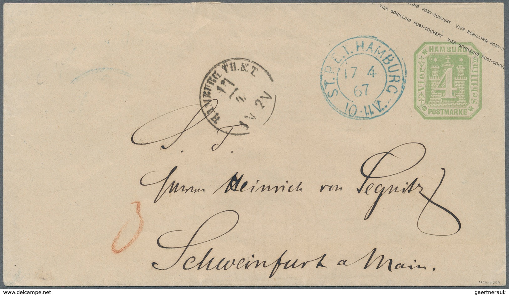 Hamburg - Ganzsachen: 1867, GA-Umschlag 4 S Grün Mit Wappen-Wasserzeichen Und Überdruck Mit Rückseit - Hambourg