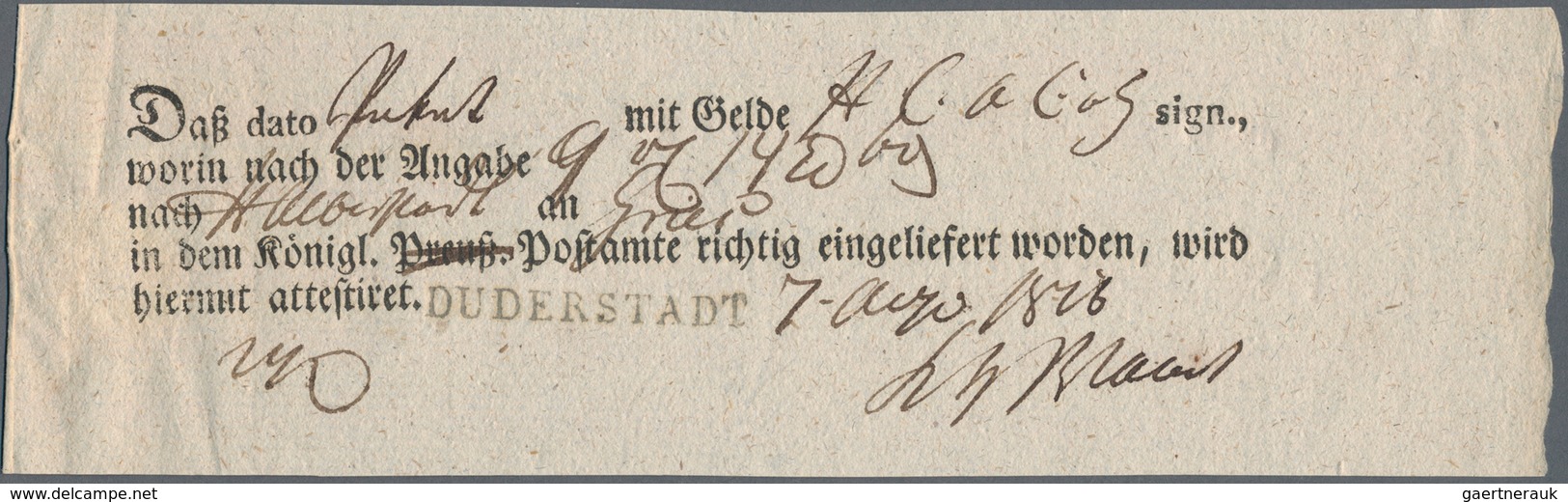 Hannover - Vorphilatelie: 1816, Kab.-Aufbrauchs-Postmeisterschein KÖNIGL.PREUSS.POSTAMT (preuss. Ges - Préphilatélie