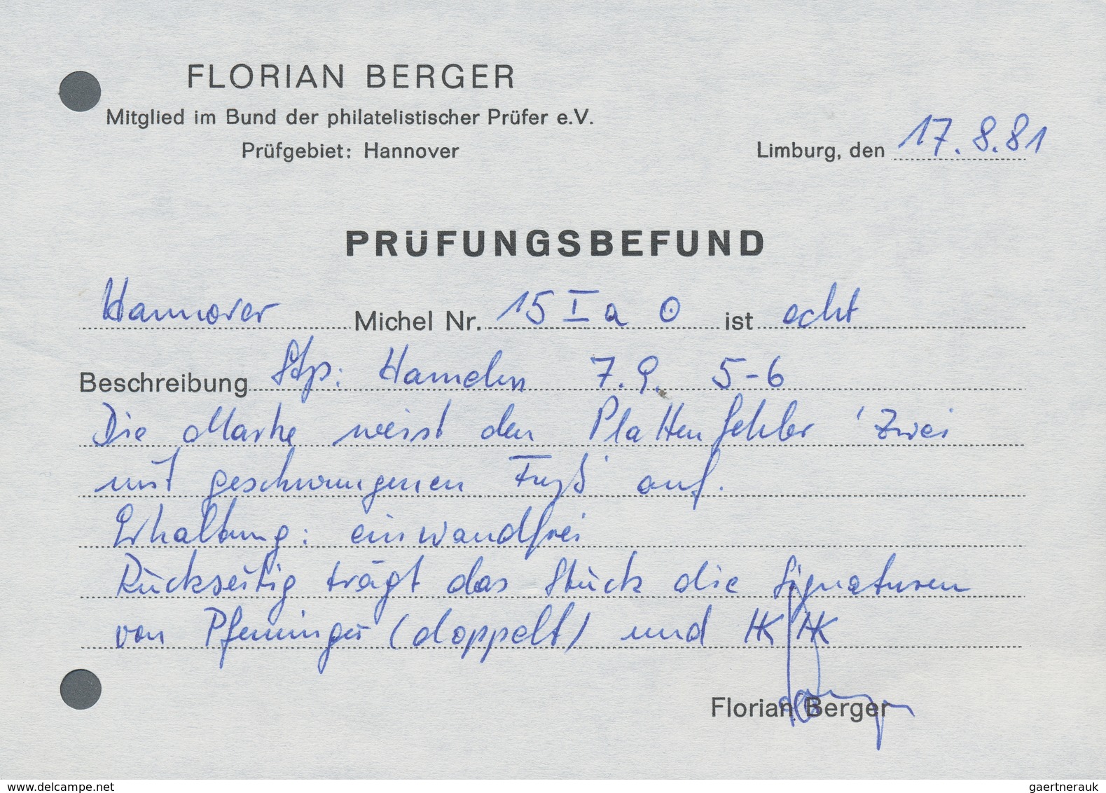 Hannover - Marken Und Briefe: 1859, 2 Gr Blau Mit PLATTENFEHLER I Klar Und Zentrisch Entwertet Mit B - Hanovre