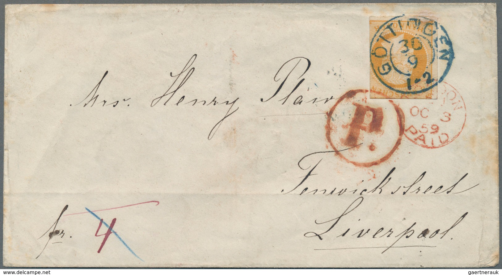Hannover - Marken Und Briefe: 1859, Brief Aus Göttingen Adressiert Nach Liverpool, Frankiert Mit Zwe - Hanover