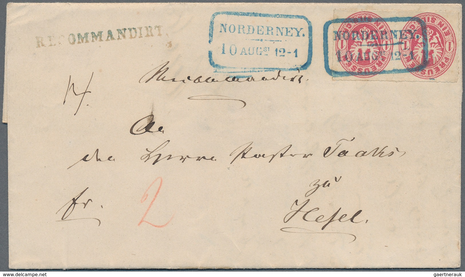Hannover - Nachverwendete Stempel: NORDERNEY, Blauer Ra2 "NORDERNEY / 10 AUGst 12-1" (1867), Zwei Kl - Hanover