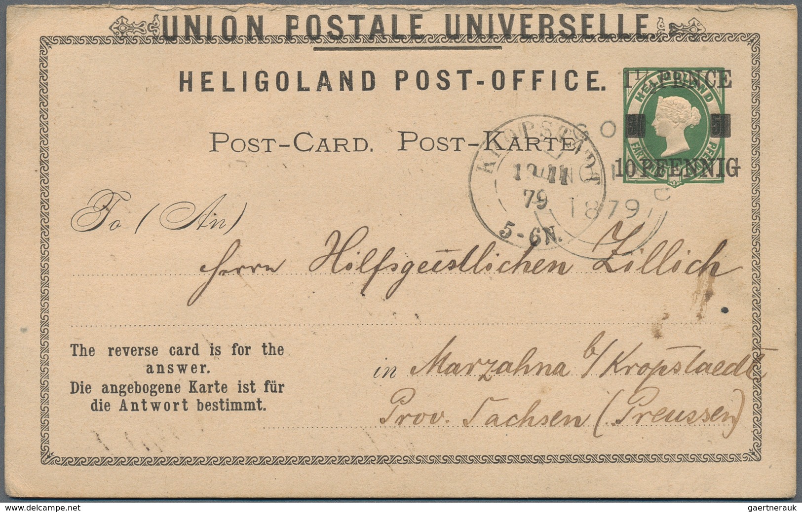 Helgoland - Ganzsachen: 1879, 1 1/2 PENCE - 10 PFENNIG Auf 3 F - 5 Pf Grün Antwortdoppelkarte Von HE - Héligoland