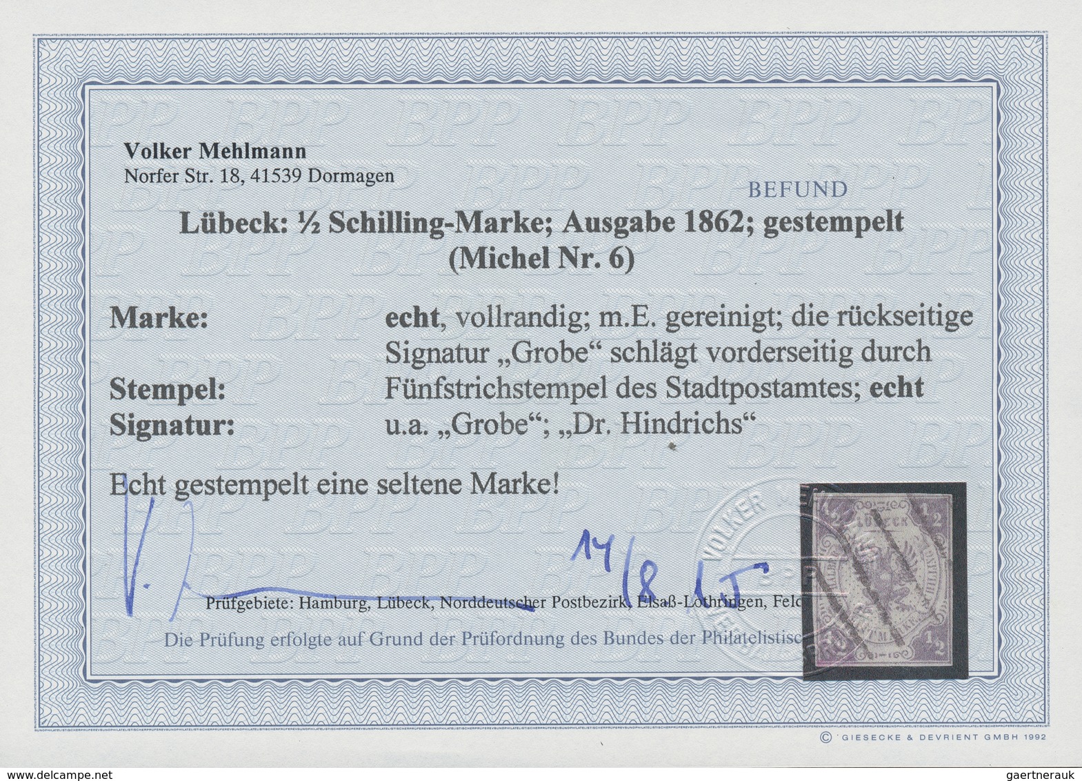 Lübeck - Marken Und Briefe: 1862, 1/2 Schilling Rötlichgrau Entwertet Mit 5-Strichstempel Des Stadtp - Luebeck