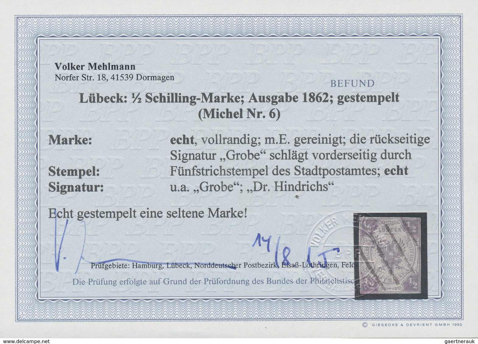 Lübeck - Marken Und Briefe: 1862, 1/2 Schilling Rötlichgrau Entwertet Mit 5-Strichstempel Des Stadtp - Lubeck