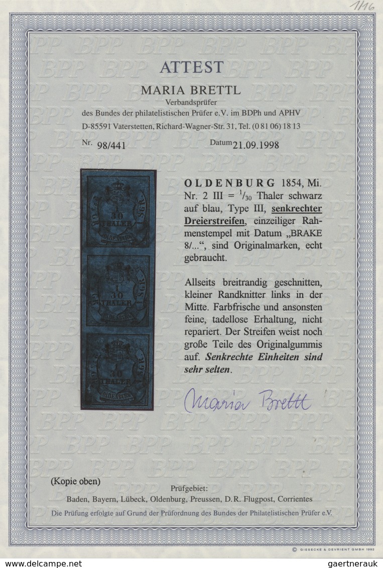 Oldenburg - Marken Und Briefe: 1852: 1/30 Th. Schwarz Auf Blau, Type III, Senkrechter Dreierstreifen - Oldenburg