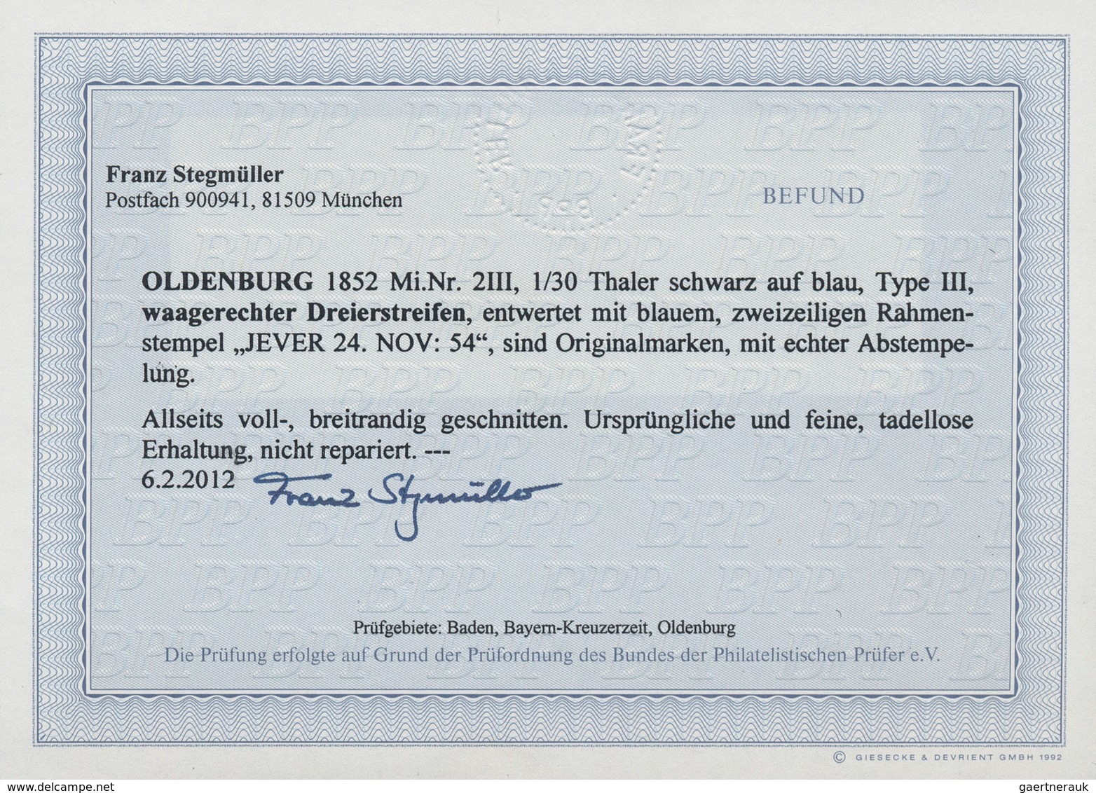 Oldenburg - Marken Und Briefe: 1852, 1/30 Th./ 2 2/5 Gr. / 1 Sgr. Schwarz Auf Blau, Type III, Farbfr - Oldenbourg