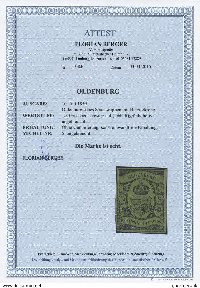 Oldenburg - Marken Und Briefe: 1859/61, Oldenburgisches Staatswappen ⅓ Gr. Schwarz Auf Grünlicholiv - Oldenburg
