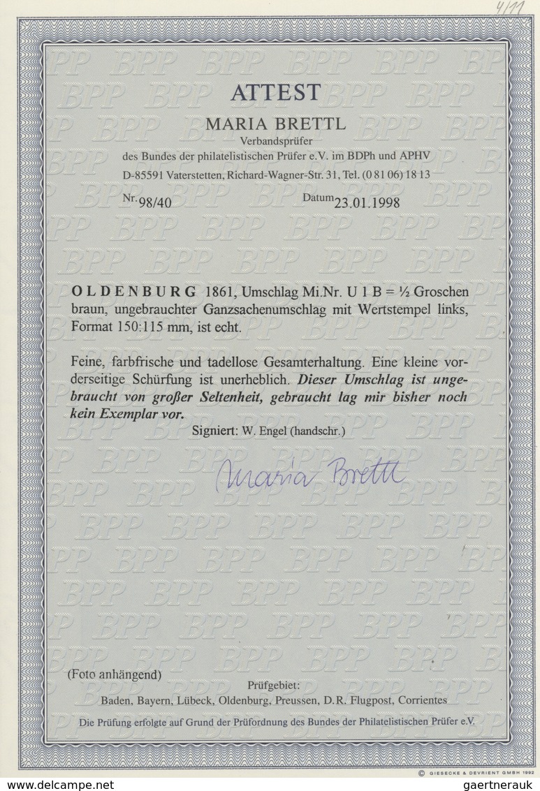 Oldenburg - Ganzsachen: 1861: Ganzsachen-Umschlag, Wertstempel Links, ½ Gr. Braun, Großformat, Ungeb - Oldenburg