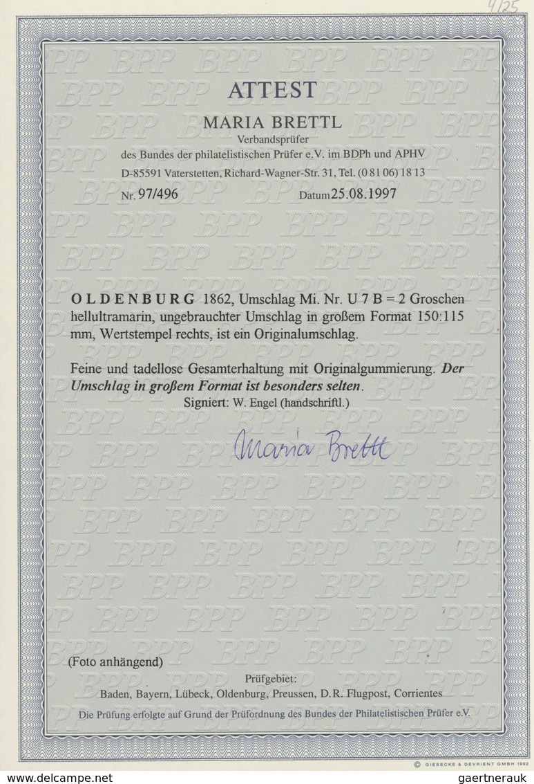 Oldenburg - Ganzsachen: 1862: Ganzsachen-Umschlag, Wertstempel Rechts, Kurze Gummierung, 2 Gr. Ultra - Oldenbourg