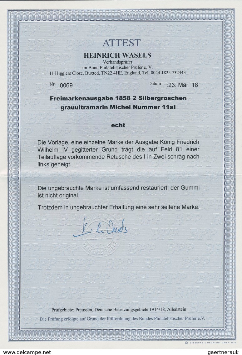 Preußen - Marken Und Briefe: 1858, 2 Sgr. Grauultramarin, Mit SEHR SELTENEN PLATTENFEHLER (Michel I) - Autres & Non Classés